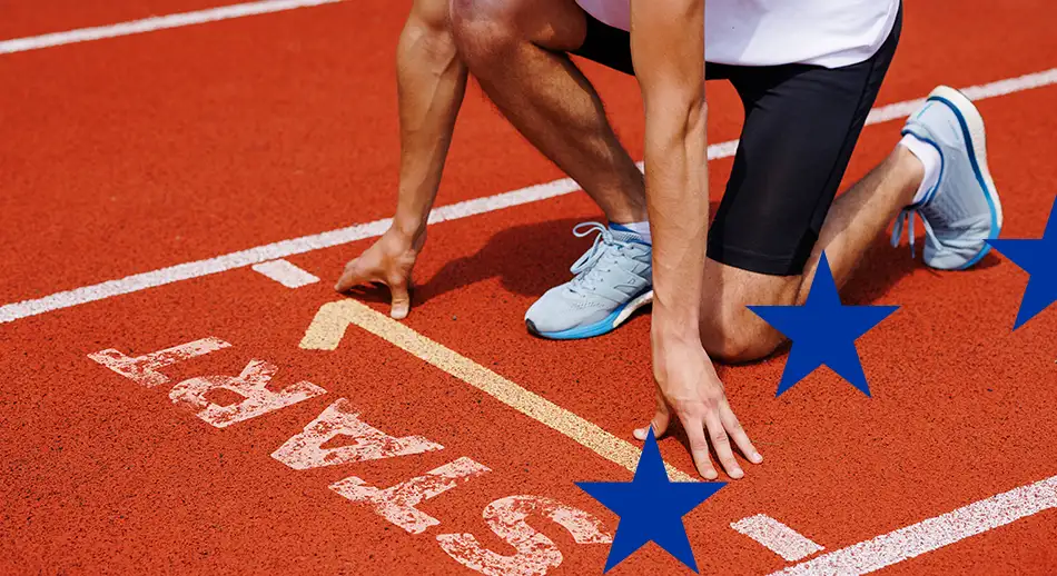 Runner sulla linea di partenza a simbologgiare lo star per la partecipazione a un progetto europeo