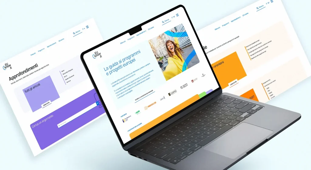 Immagine che rappresenta un computer e diversi mockup per il lancio dell'identità di EUknow.it