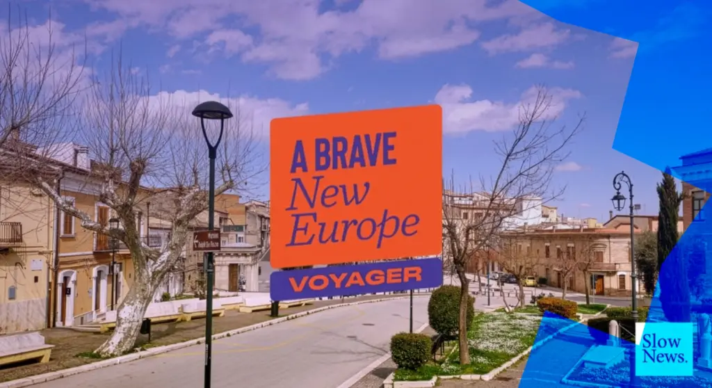 Image of a rural village with the "A Brave New Europe" project logo