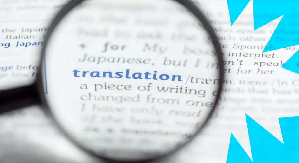 Magnifying glass pointing at the word translation in the''European design'' arena
