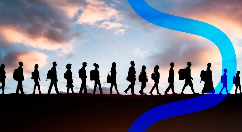 Menschen, die bei Sonnenuntergang am Horizont unterwegs sind – ein symbolisches Bild für Migration und die vom AMIF geförderten Maßnahmen zur Aufnahme und Integration
